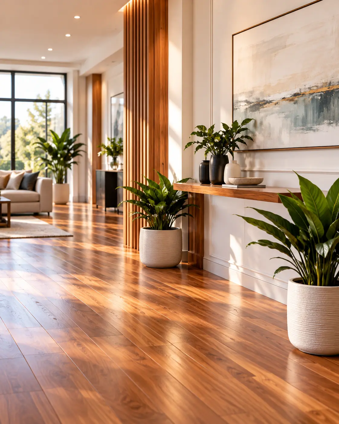Sunlit shared-home hallway with wood floors and indoor plants