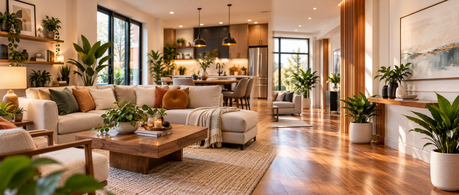 Light-filled shared living room opening into a sunlit hardwood hallway in a thoughtfully furnished home